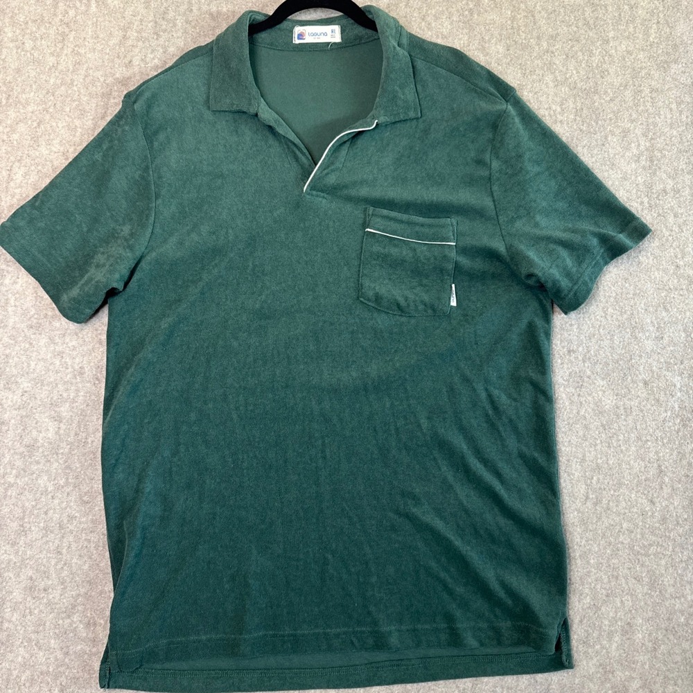 Laguna Mens XL Green Terry Cloth Polo Shirt Short Sleeve V-Neck Pocket Top
